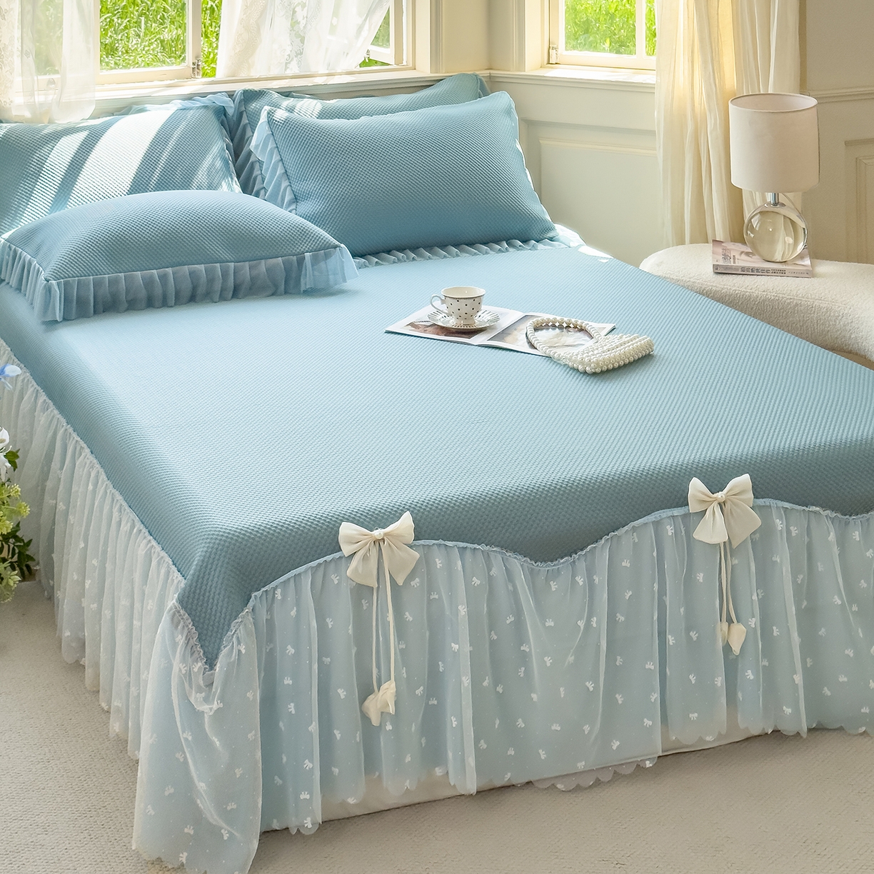 恋尚羽家纺 2026新款高分子PE凉泡泡大床裙凉感席波浪冰豆豆凉席席子三件套-小欢喜系列 小欢喜-兰色