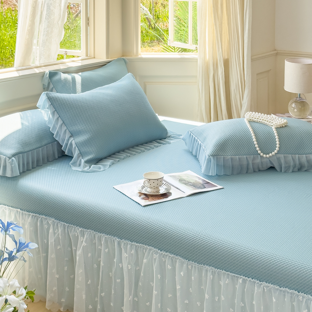 91家纺网 家纺一手货源 找家纺 恋尚羽家纺 2026新款高分子PE凉泡泡大床裙凉感席波浪冰豆豆凉席席子三件套-小欢喜系列 小欢喜-兰色