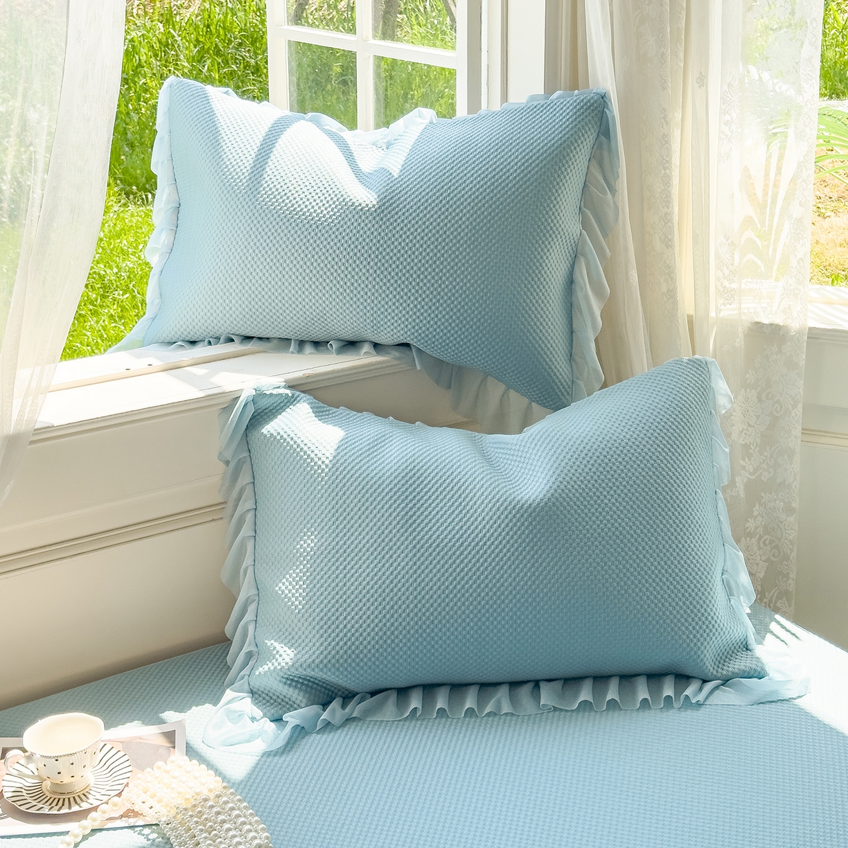 91家纺网 家纺一手货源 找家纺 恋尚羽家纺 2026新款高分子PE凉泡泡大床裙凉感席波浪冰豆豆凉席席子三件套-小欢喜系列 小欢喜-兰色