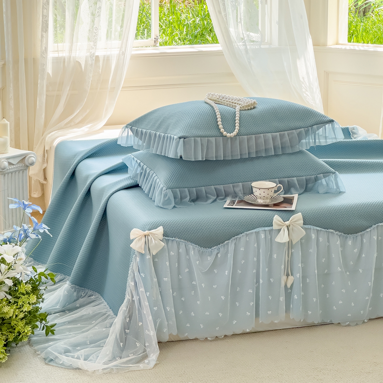 91家纺网 家纺一手货源 找家纺 恋尚羽家纺 2026新款高分子PE凉泡泡大床裙凉感席波浪冰豆豆凉席席子三件套-小欢喜系列 小欢喜-兰色