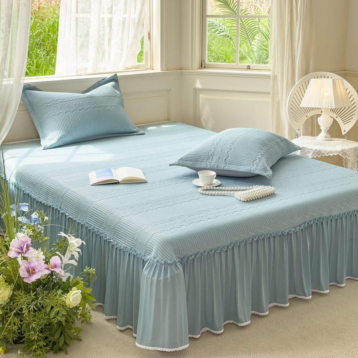 91家纺网 家纺一手货源 找家纺 恋尚羽家纺 2026新款高分子PE凉泡泡大床裙凉感席波浪冰豆豆凉席席子三件套-小欢喜系列 小欢喜-兰色