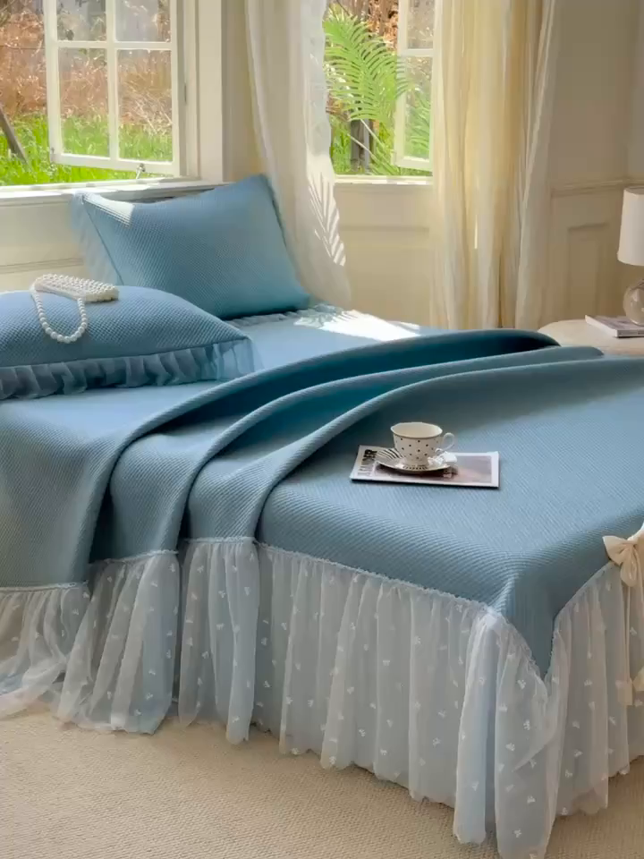 91家纺网 家纺一手货源 找家纺 恋尚羽家纺 2026新款高分子PE凉泡泡大床裙凉感席波浪冰豆豆凉席席子三件套-小欢喜系列 小欢喜-兰色