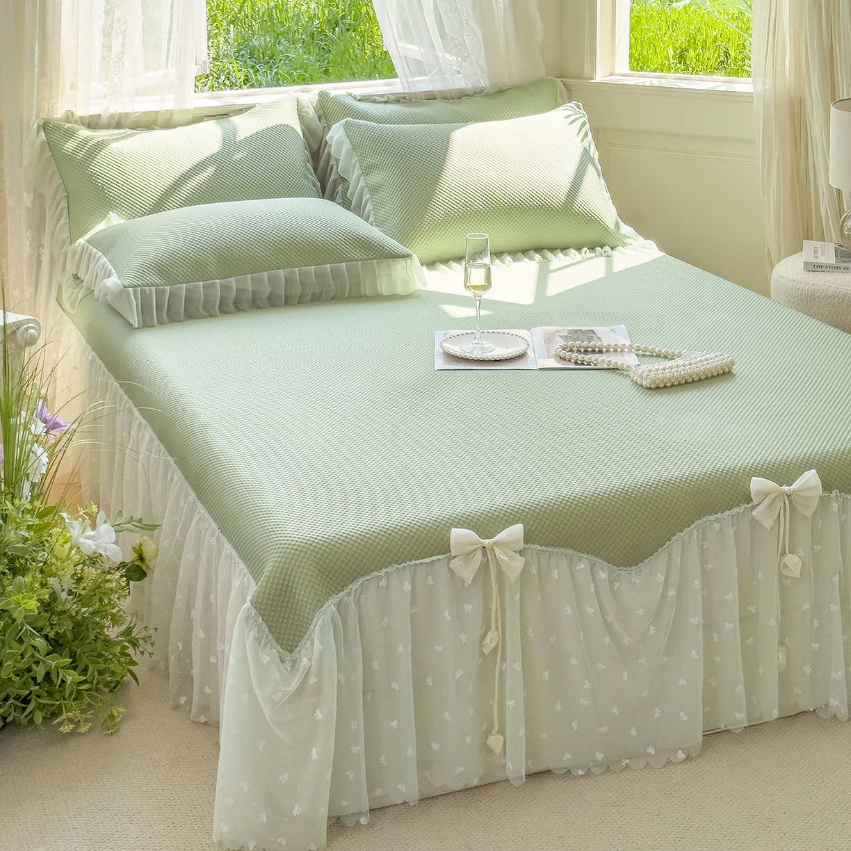 恋尚羽家纺 2026新款高分子PE凉泡泡大床裙凉感席波浪冰豆豆凉席席子三件套-小欢喜系列 小欢喜-绿色