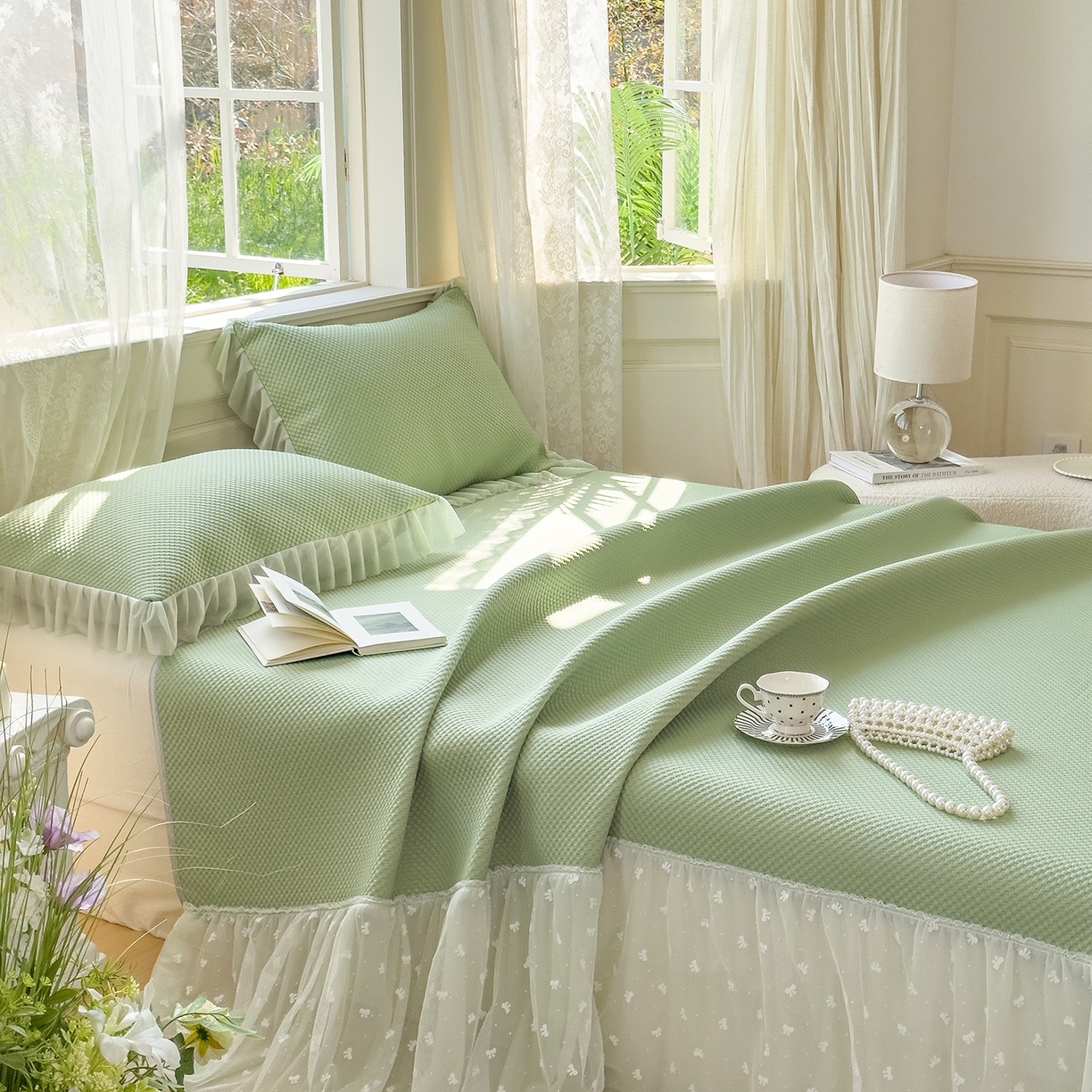 91家纺网 家纺一手货源 找家纺 恋尚羽家纺 2026新款高分子PE凉泡泡大床裙凉感席波浪冰豆豆凉席席子三件套-小欢喜系列 小欢喜-绿色