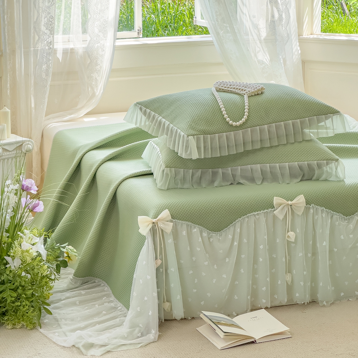 91家纺网 家纺一手货源 找家纺 恋尚羽家纺 2026新款高分子PE凉泡泡大床裙凉感席波浪冰豆豆凉席席子三件套-小欢喜系列 小欢喜-绿色