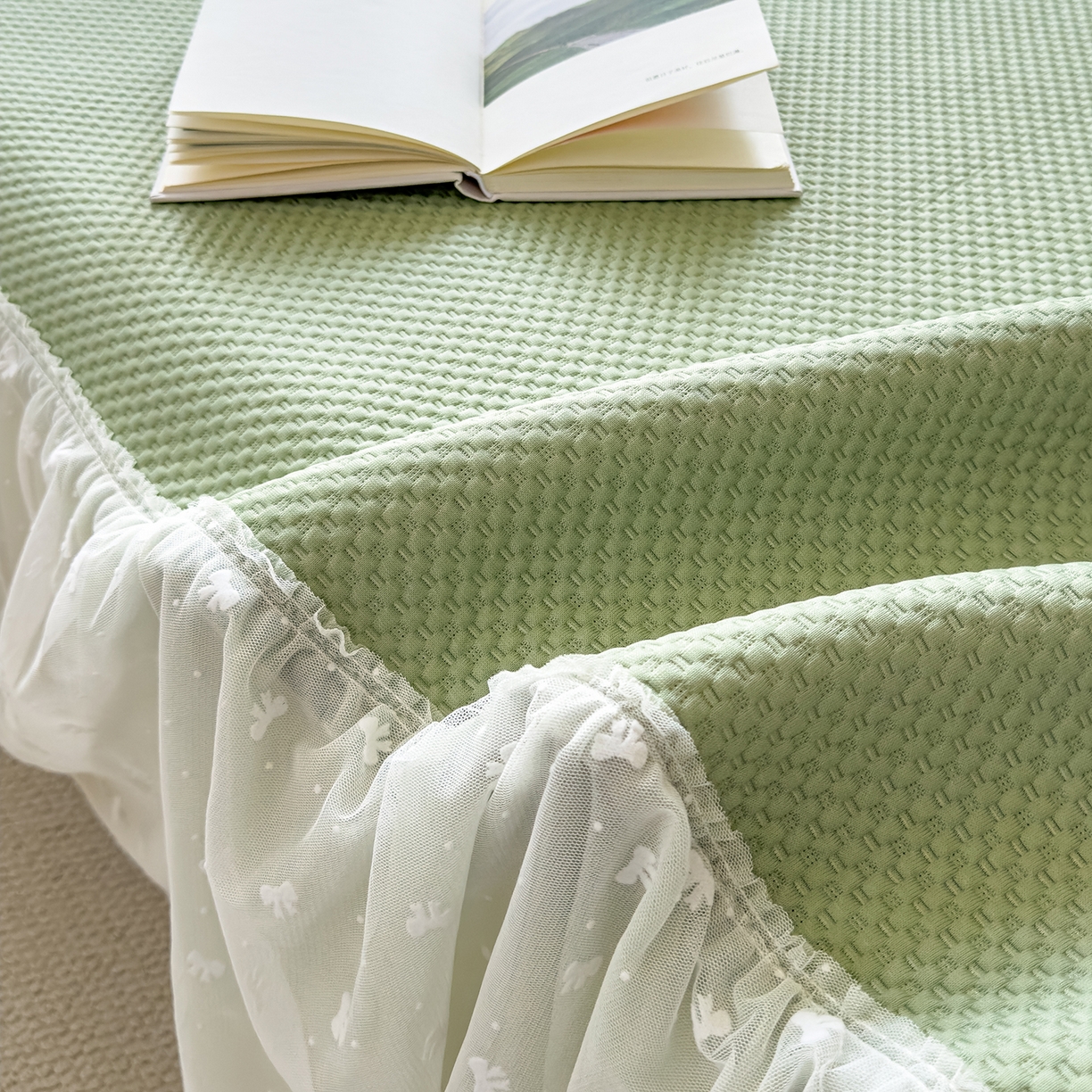 91家纺网 家纺一手货源 找家纺 恋尚羽家纺 2026新款高分子PE凉泡泡大床裙凉感席波浪冰豆豆凉席席子三件套-小欢喜系列 小欢喜-绿色