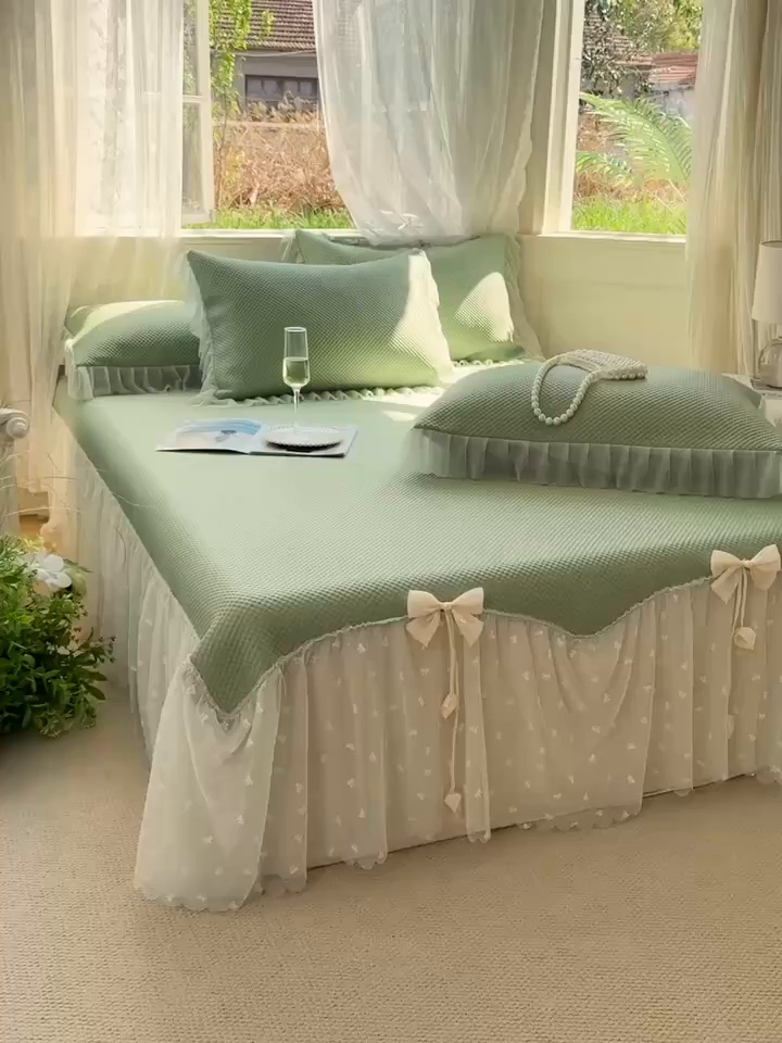 91家纺网 家纺一手货源 找家纺 恋尚羽家纺 2026新款高分子PE凉泡泡大床裙凉感席波浪冰豆豆凉席席子三件套-小欢喜系列 小欢喜-绿色