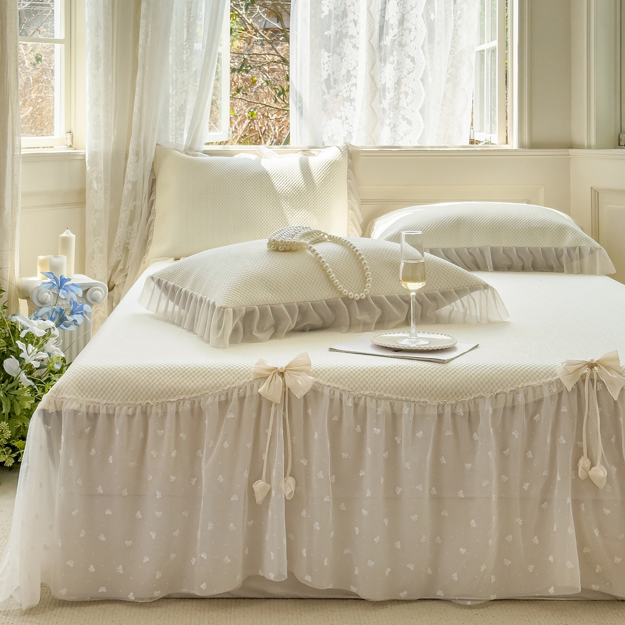 91家纺网 家纺一手货源 找家纺 恋尚羽家纺 2026新款高分子PE凉泡泡大床裙凉感席波浪冰豆豆凉席席子三件套-小欢喜系列 小欢喜-米白