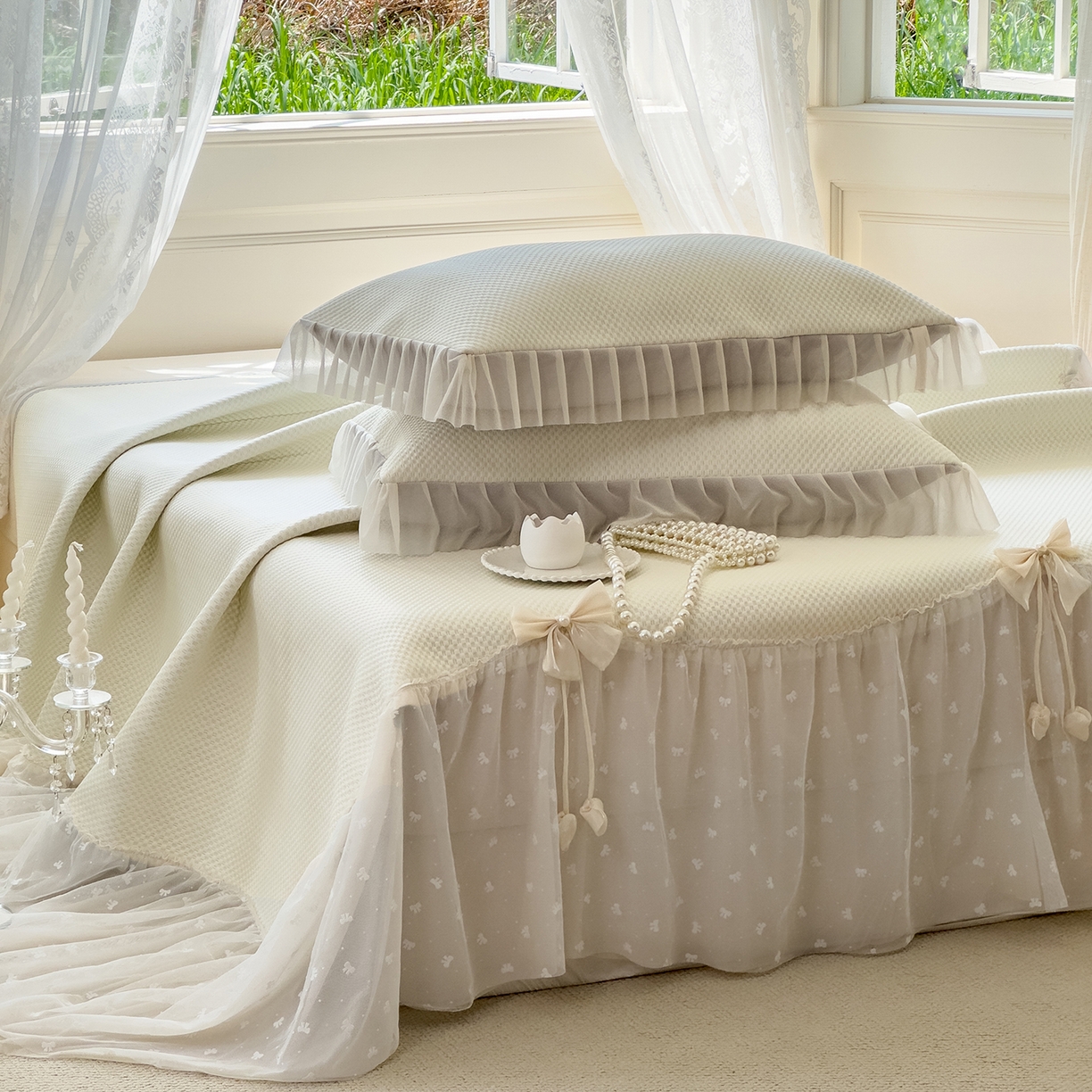 91家纺网 家纺一手货源 找家纺 恋尚羽家纺 2026新款高分子PE凉泡泡大床裙凉感席波浪冰豆豆凉席席子三件套-小欢喜系列 小欢喜-米白