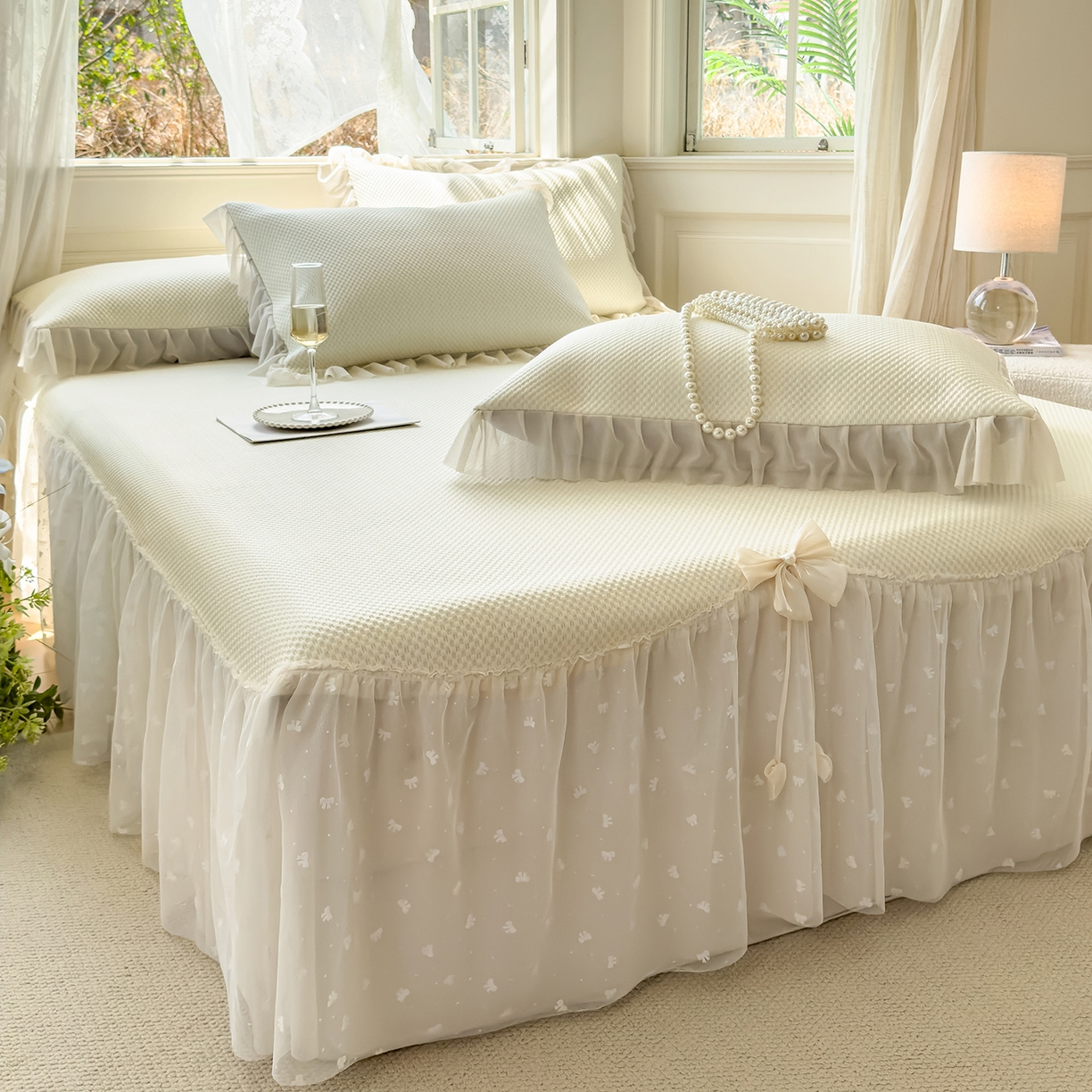 91家纺网 家纺一手货源 找家纺 恋尚羽家纺 2026新款高分子PE凉泡泡大床裙凉感席波浪冰豆豆凉席席子三件套-小欢喜系列 小欢喜-米白