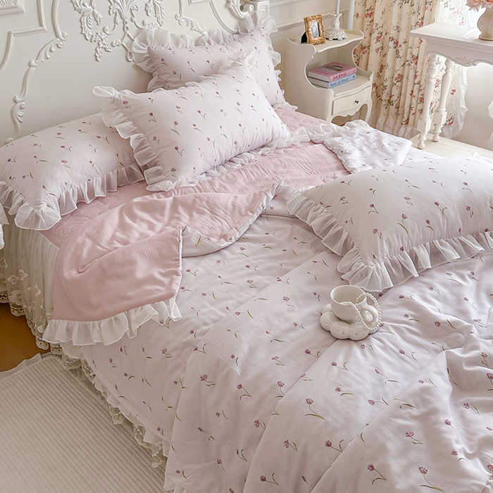 91家纺网 家纺一手货源 找家纺 网红馆（ck家纺） 2026新款韩系巴黎纱印花床裙夏被四件套 薇朵