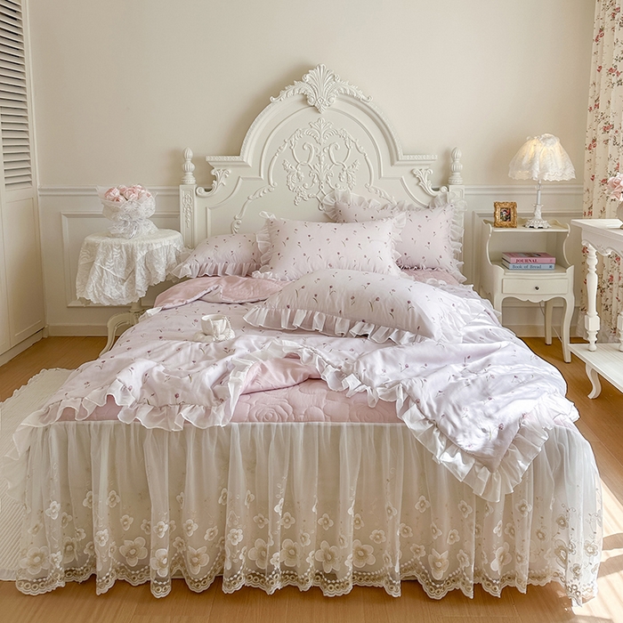 91家纺网 家纺一手货源 找家纺 网红馆（ck家纺） 2026新款韩系巴黎纱印花床裙夏被四件套 薇朵