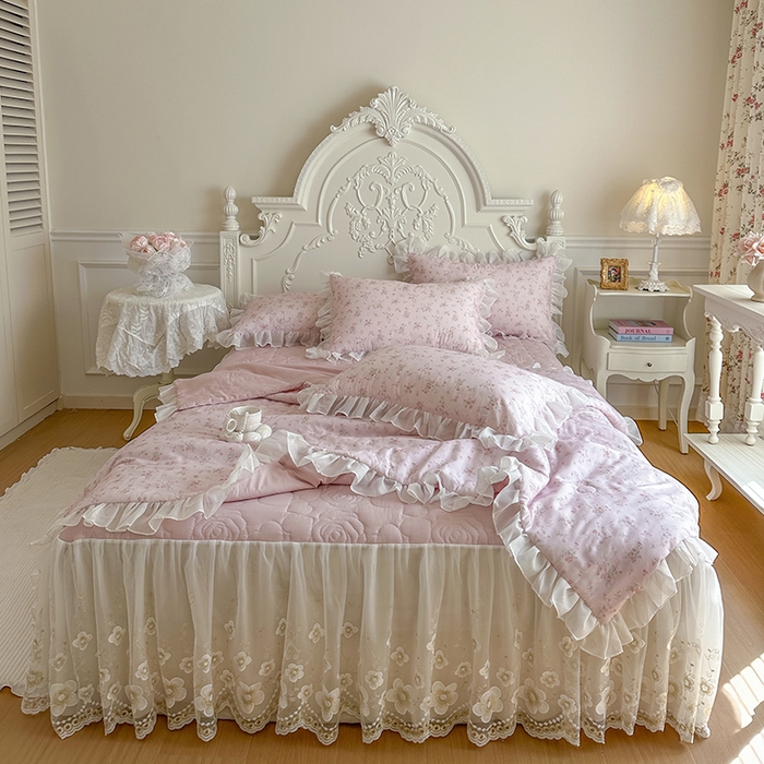 91家纺网 家纺一手货源 找家纺 网红馆（ck家纺） 2026新款韩系巴黎纱印花床裙夏被四件套 允夏