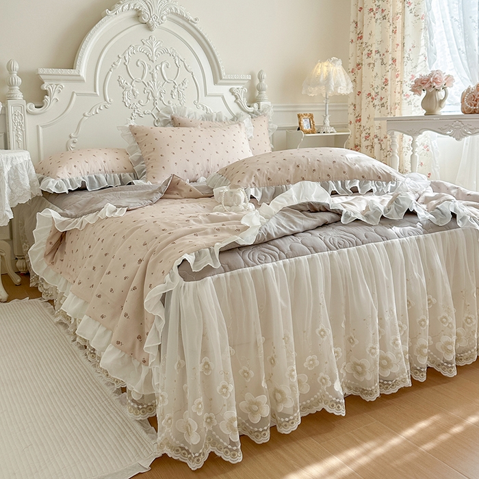 91家纺网 家纺一手货源 找家纺 网红馆（ck家纺） 2026新款韩系巴黎纱印花床裙夏被四件套 玫瑰