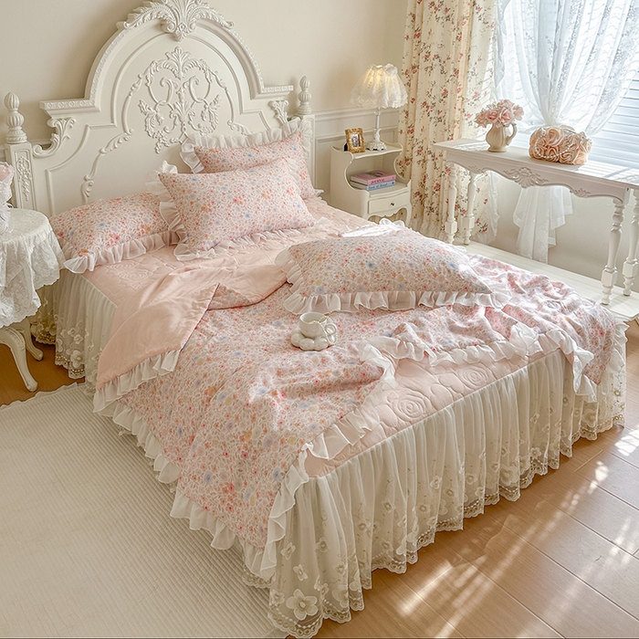 91家纺网 家纺一手货源 找家纺 网红馆（ck家纺） 2026新款韩系巴黎纱印花床裙夏被四件套 梦露