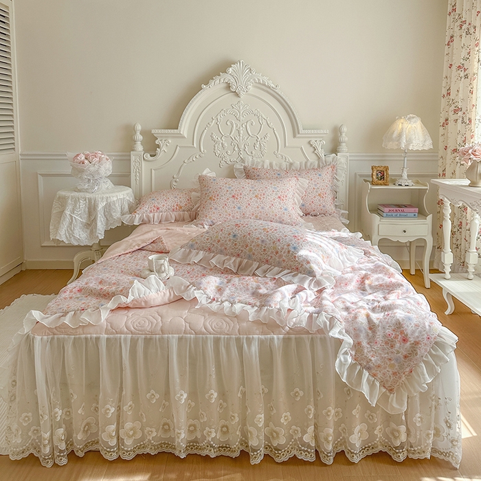 91家纺网 家纺一手货源 找家纺 网红馆（ck家纺） 2026新款韩系巴黎纱印花床裙夏被四件套 梦露