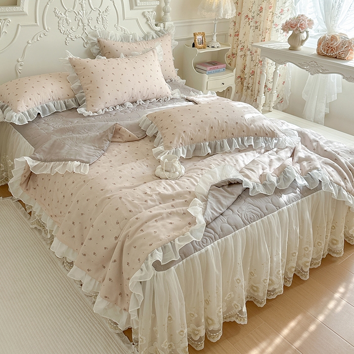 网红馆（ck家纺） 2026新款韩系巴黎纱印花床裙夏被四件套 玫瑰