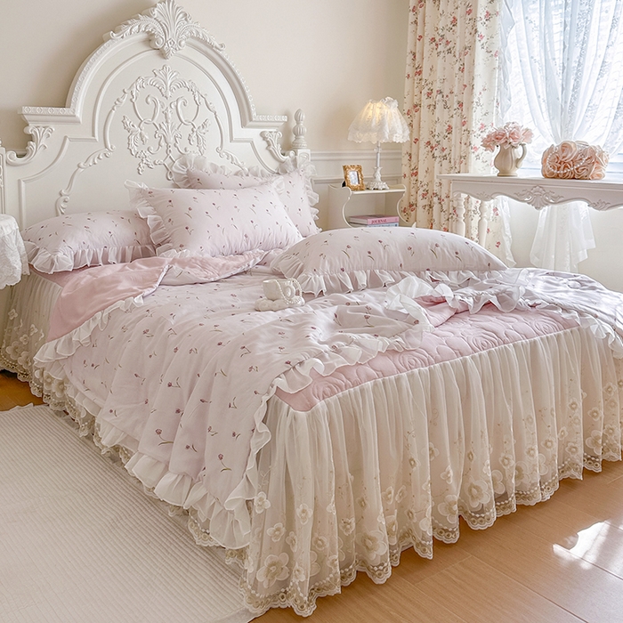 91家纺网 家纺一手货源 找家纺 网红馆（ck家纺） 2026新款韩系巴黎纱印花床裙夏被四件套 薇朵