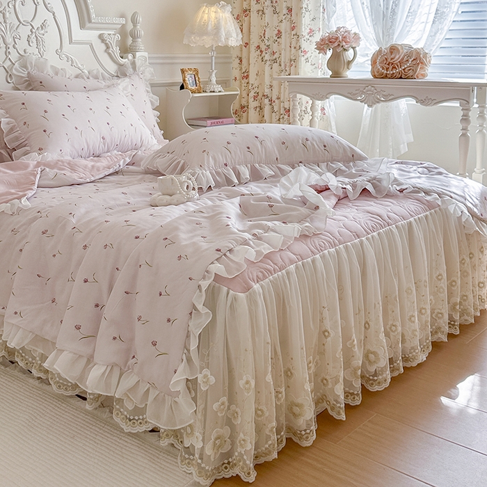 91家纺网 家纺一手货源 找家纺 网红馆（ck家纺） 2026新款韩系巴黎纱印花床裙夏被四件套 薇朵