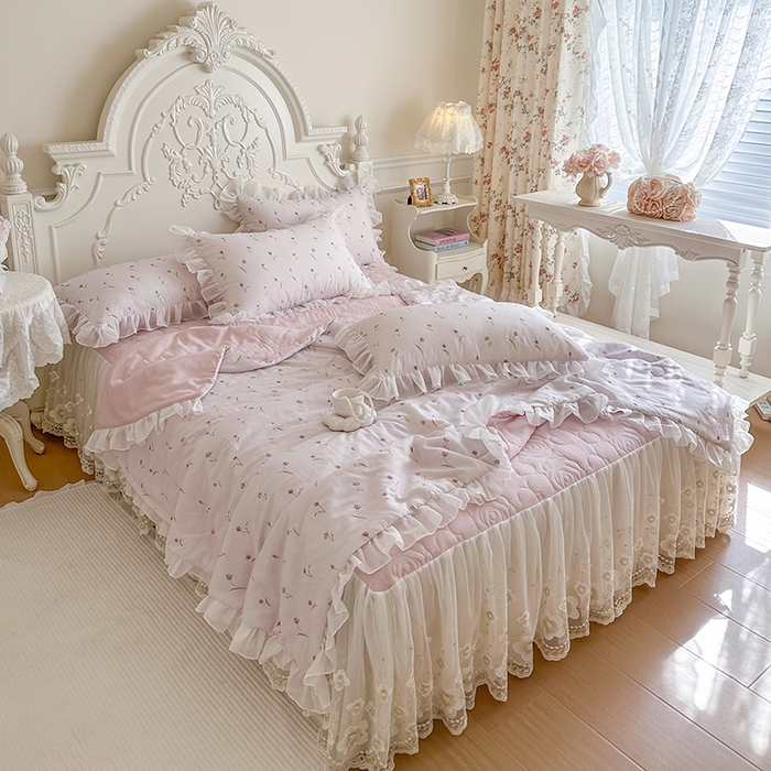 91家纺网 家纺一手货源 找家纺 网红馆（ck家纺） 2026新款韩系巴黎纱印花床裙夏被四件套 薇朵