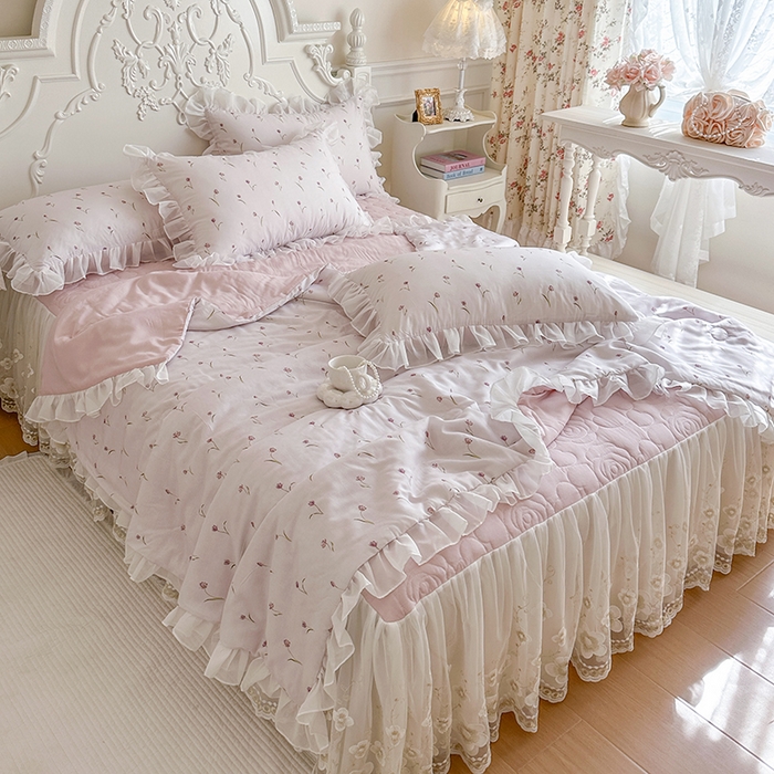 网红馆（ck家纺） 2026新款韩系巴黎纱印花床裙夏被四件套 薇朵