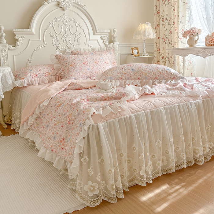 91家纺网 家纺一手货源 找家纺 网红馆（ck家纺） 2026新款韩系巴黎纱印花床裙夏被四件套 梦露