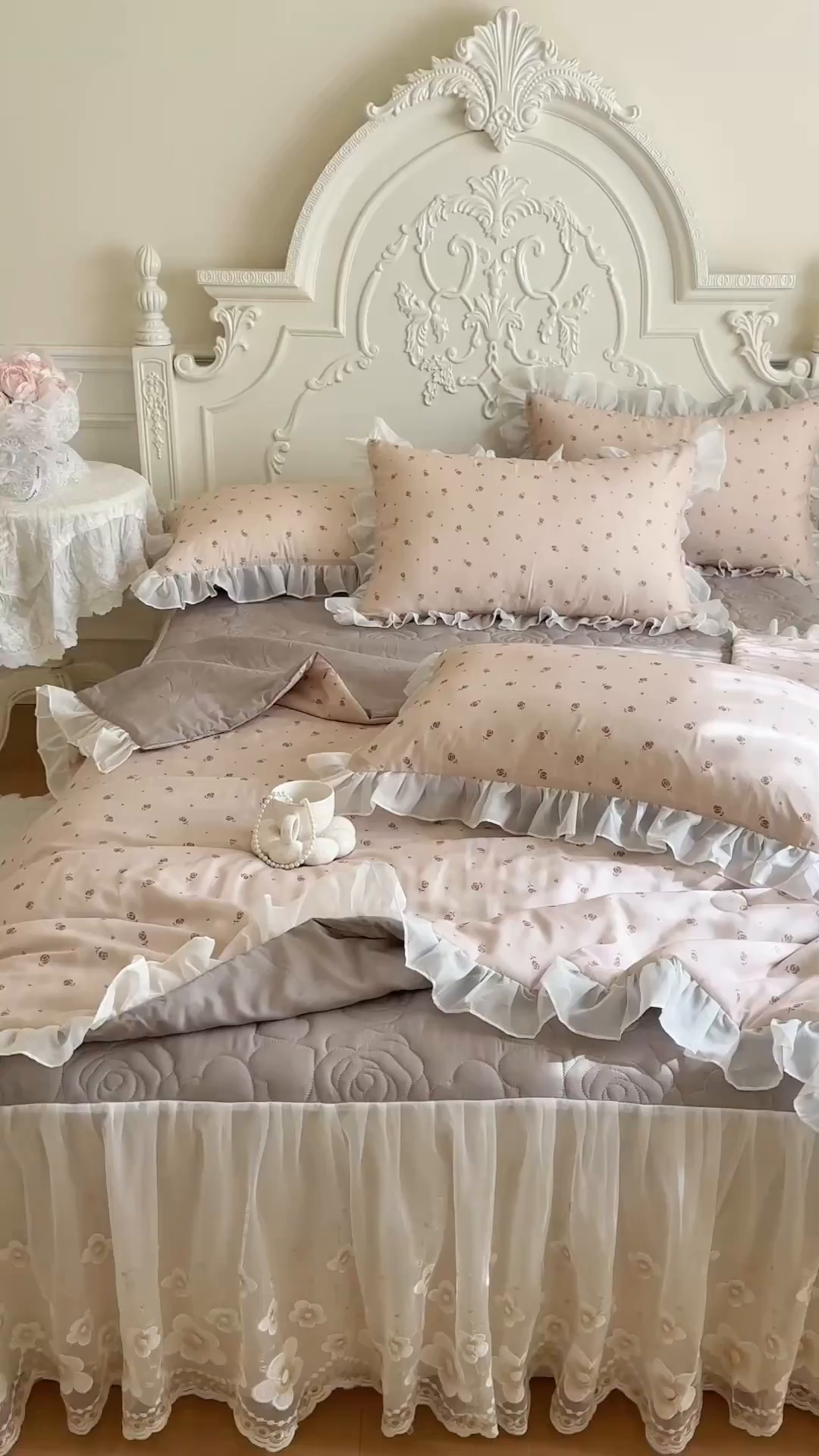 91家纺网 家纺一手货源 找家纺 网红馆（ck家纺） 2026新款韩系巴黎纱印花床裙夏被四件套 玫瑰