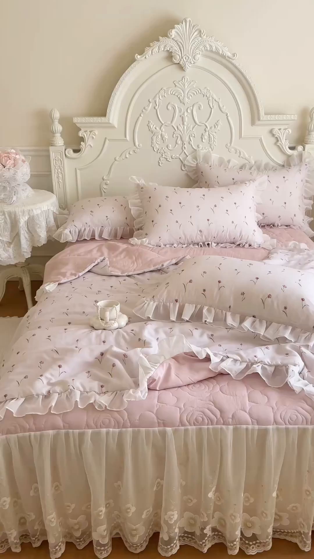 91家纺网 家纺一手货源 找家纺 网红馆（ck家纺） 2026新款韩系巴黎纱印花床裙夏被四件套 薇朵