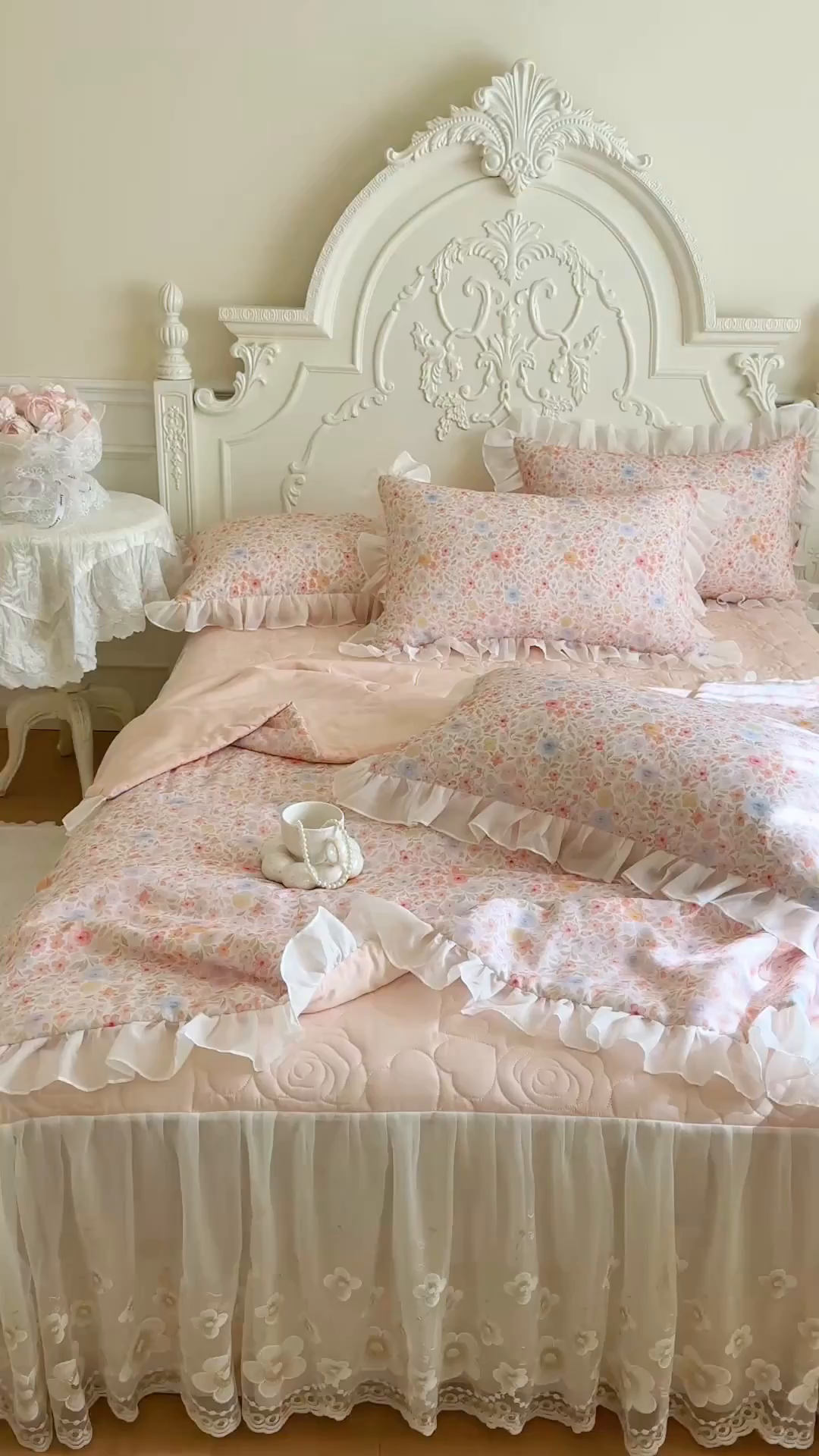 91家纺网 家纺一手货源 找家纺 网红馆（ck家纺） 2026新款韩系巴黎纱印花床裙夏被四件套 梦露