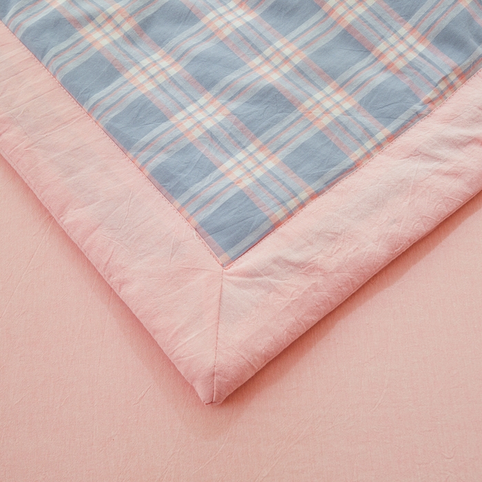 91家纺网 家纺一手货源 找家纺 雅萱家纺 2026新款全棉色织水洗棉棉花夏被 日和-粉蓝棉花 夏被四件套