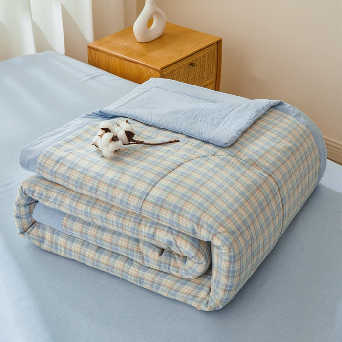 雅萱家纺 2026新款全棉色织水洗棉棉花夏被 未央-蓝 棉花夏被四件套