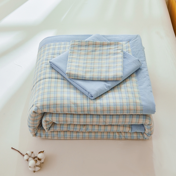91家纺网 家纺一手货源 找家纺 雅萱家纺 2026新款全棉色织水洗棉棉花夏被 未央-蓝 棉花夏被四件套