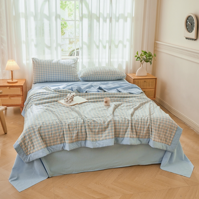 91家纺网 家纺一手货源 找家纺 雅萱家纺 2026新款全棉色织水洗棉棉花夏被 未央-蓝 棉花夏被四件套