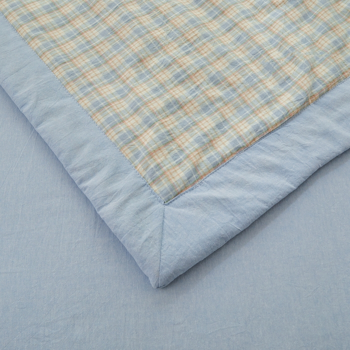 91家纺网 家纺一手货源 找家纺 雅萱家纺 2026新款全棉色织水洗棉棉花夏被 未央-蓝 棉花夏被四件套