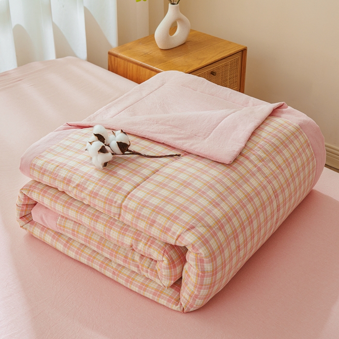 雅萱家纺 2026新款全棉色织水洗棉棉花夏被 小格-粉 棉花夏被四件套