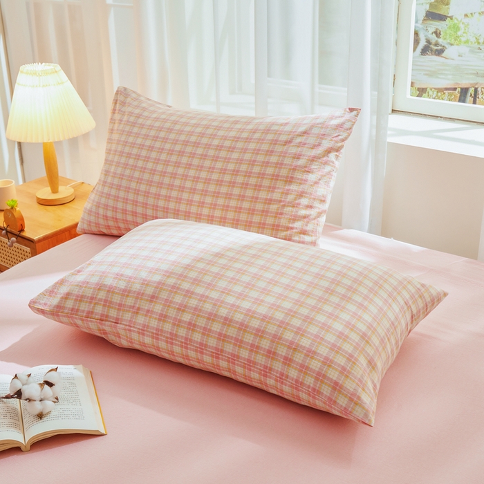 91家纺网 家纺一手货源 找家纺 雅萱家纺 2026新款全棉色织水洗棉棉花夏被 小格-粉 棉花夏被四件套