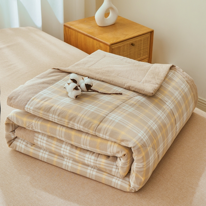 雅萱家纺 2026新款全棉色织水洗棉棉花夏被 意境-卡其 棉花夏被四件套