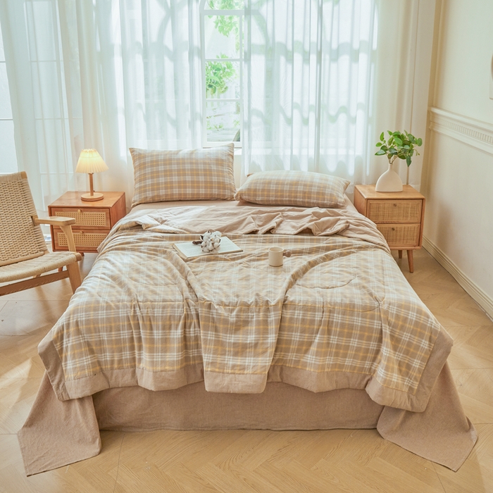 91家纺网 家纺一手货源 找家纺 雅萱家纺 2026新款全棉色织水洗棉棉花夏被 意境-卡其 棉花夏被四件套