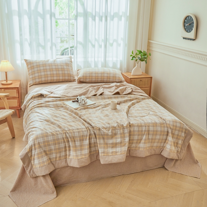 91家纺网 家纺一手货源 找家纺 雅萱家纺 2026新款全棉色织水洗棉棉花夏被 意境-卡其 棉花夏被四件套