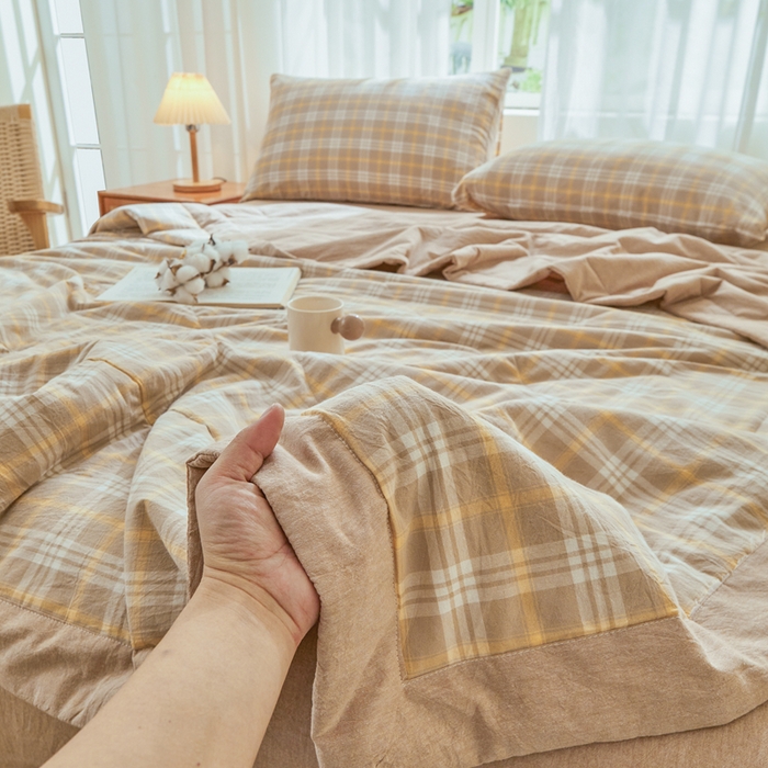 91家纺网 家纺一手货源 找家纺 雅萱家纺 2026新款全棉色织水洗棉棉花夏被 意境-卡其 棉花夏被四件套