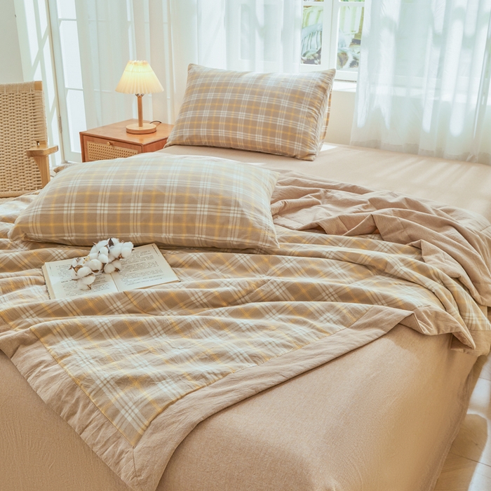 91家纺网 家纺一手货源 找家纺 雅萱家纺 2026新款全棉色织水洗棉棉花夏被 意境-卡其 棉花夏被四件套