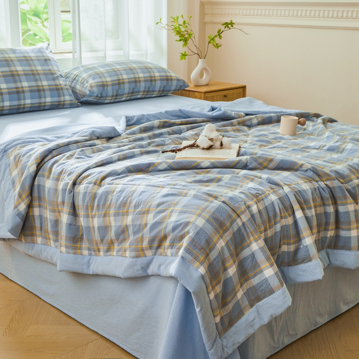 91家纺网 家纺一手货源 找家纺 雅萱家纺 2026新款全棉色织水洗棉棉花夏被 意境-兰星格 棉花夏被四件套