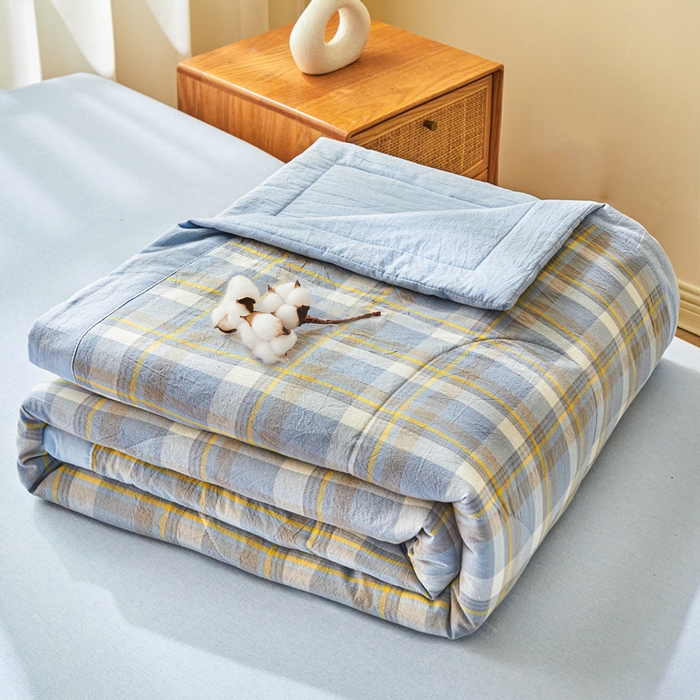 雅萱家纺 2026新款全棉色织水洗棉棉花夏被 意境-兰星格 棉花夏被四件套