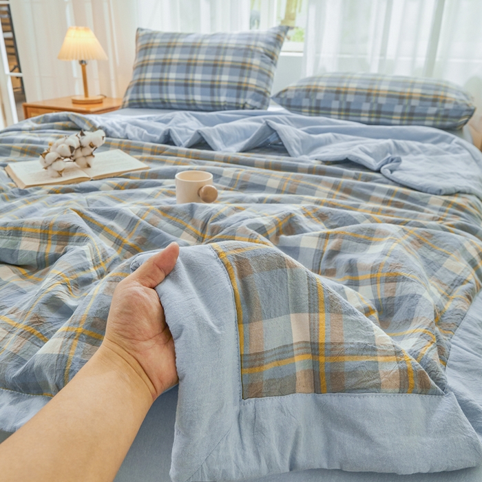 91家纺网 家纺一手货源 找家纺 雅萱家纺 2026新款全棉色织水洗棉棉花夏被 意境-兰星格 棉花夏被四件套