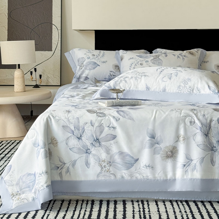 91家纺网 家纺一手货源 找家纺 莱豫家纺 2026新款莱赛尔天丝夏被四件套 春意然蓝