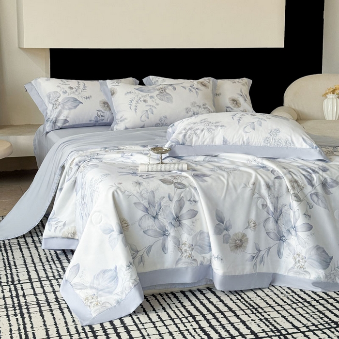 91家纺网 家纺一手货源 找家纺 莱豫家纺 2026新款莱赛尔天丝夏被四件套 春意然蓝