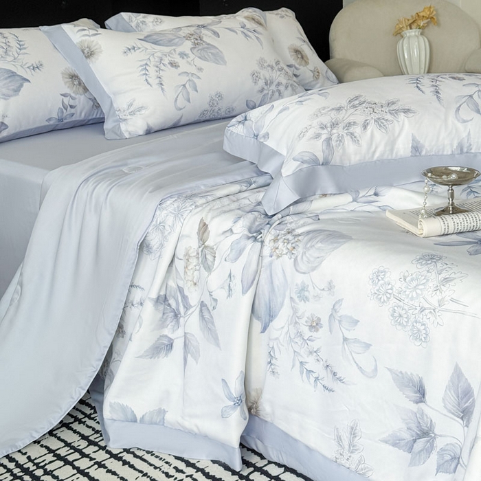 91家纺网 家纺一手货源 找家纺 莱豫家纺 2026新款莱赛尔天丝夏被四件套 春意然蓝