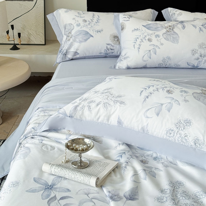 91家纺网 家纺一手货源 找家纺 莱豫家纺 2026新款莱赛尔天丝夏被四件套 春意然蓝