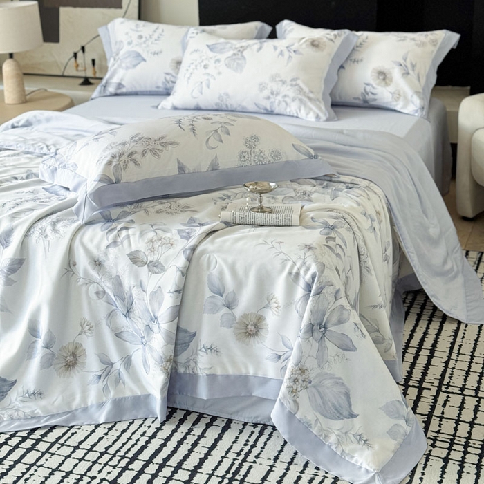 91家纺网 家纺一手货源 找家纺 莱豫家纺 2026新款莱赛尔天丝夏被四件套 春意然蓝