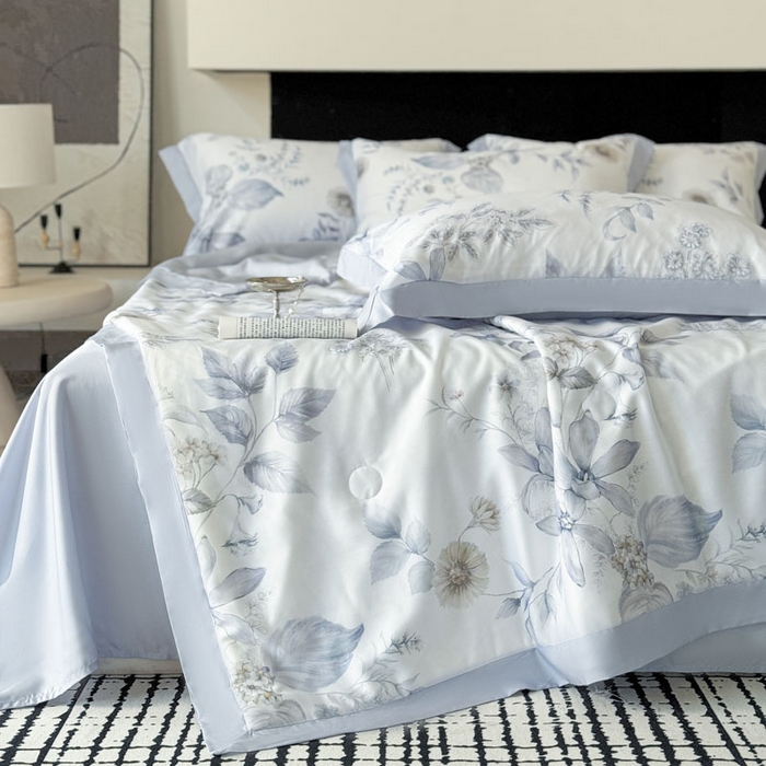 91家纺网 家纺一手货源 找家纺 莱豫家纺 2026新款莱赛尔天丝夏被四件套 春意然蓝